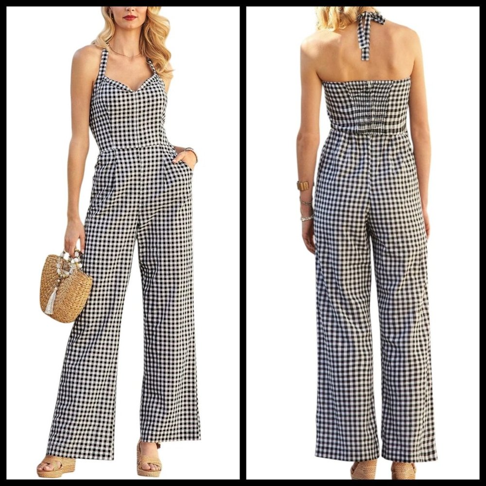 Boston Proper Halter Jumpsuit Gingham Plaid Black White Cotton NWT Sz 8 Pinup
